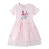 Toddler Kids Girls Eembroidery Rabbit Sequins Gold Stars Tutu Short Sleeves Dress
