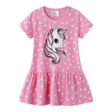 Toddler Kids Girls Print Rabbits Dots Unicorns Short Sleeves Dress