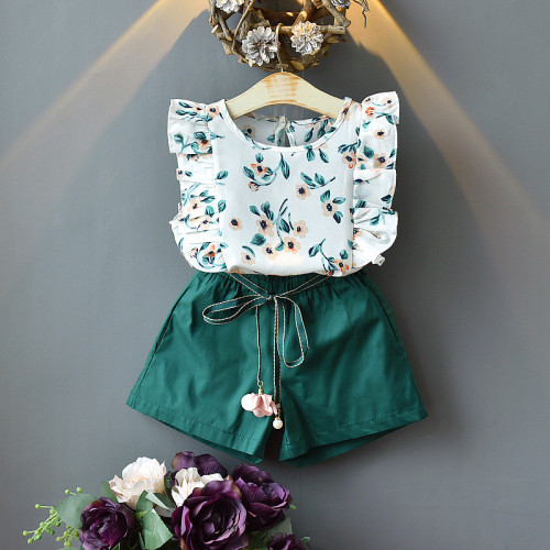 Kid Girl Flower Ruffles Sleeves Blouse and Green Shorts Two Pieces Sets