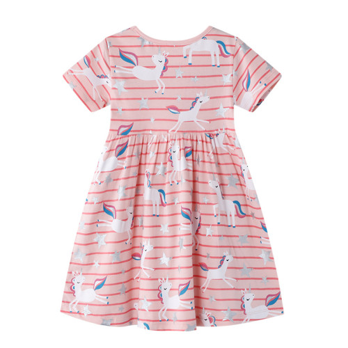 Toddler Kids Girls Print Unicorns Stripes Short Sleeves Cotton Dress
