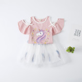 Kid Girl Print Unicorn Cold Shoulder Blouse and Tutu Feather Skirt Two Pieces Sets