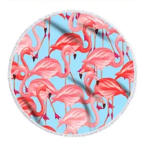 Print Flamingos Round Tassels Cotton Beach Towel Blanket Table Cover Wall Hanging