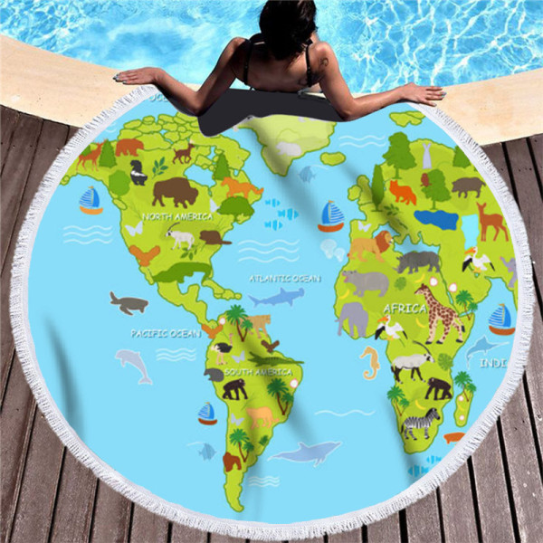 Print World Animals Map Round Tassels Cotton Beach Towel Blanket Table Cover Wall Hanging