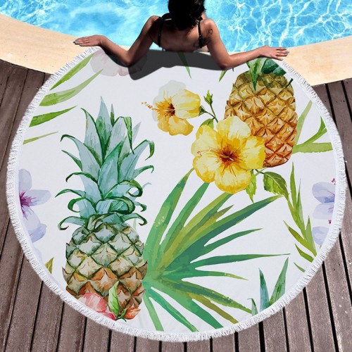 Print Pineapples Round Tassels Cotton Beach Towel Blanket Table Cover Wall Hanging