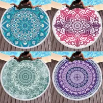 Print Mandala Lotus Flower Round Tassels Cotton Beach Towel Blanket Table Cover Wall Hanging