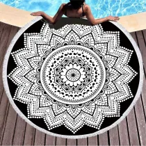 Print Mandala Lotus Black White Flower Round Tassels Cotton Beach Towel Blanket Table Cover Wall Hanging