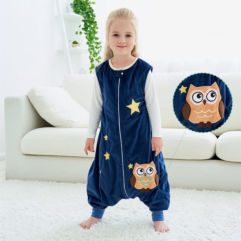 Unisex Kids Split Legs Owl Sleeping Bag Winter Zipper Sleepwear Sleeveless Warm Pajamas