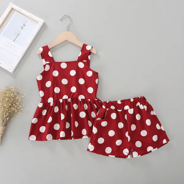 Kid Girl Print Dots Tanks Blouse and Shorts Chiffon Two Pieces Sets