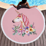Print Unicorn Round Tassels Cotton Beach Towel Blanket Table Cover Wall Hanging