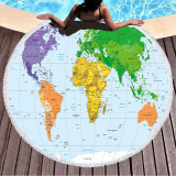 Print World Map Round Tassels Cotton Beach Towel Blanket Table Cover Wall Hanging