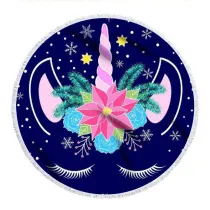 Print Unicorn Round Tassels Cotton Beach Towel Blanket Table Cover Wall Hanging