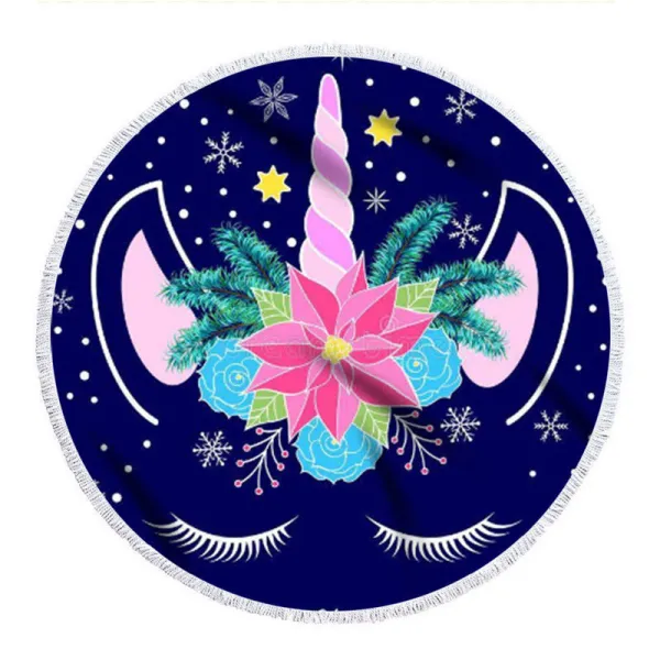 Print Unicorn Round Tassels Cotton Beach Towel Blanket Table Cover Wall Hanging