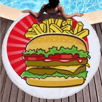 Print Hamburger French Fries Round Tassels Cotton Beach Towel Blanket Table Cover Wall Hanging