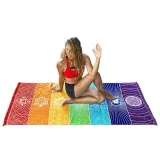 Print Rainbow Wheel of Life Rectangle Tassels Cotton Beach Towel Yuga Blanket Table Cover Wall Hanging