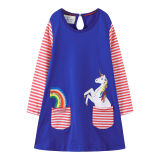 Toddler Kids Girls Print Couple Stripes Pocket  Cotton Long Sleeves Dress