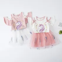 Kid Girl Print Unicorn Cold Shoulder Blouse and Tutu Feather Skirt Two Pieces Sets