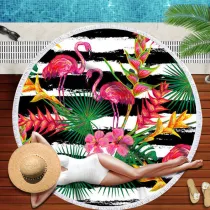 Print Flamingos Tropical Palm Leaves Stripes Round Tassels Cotton Beach Towel Blanket Table Cover Wall Hanging