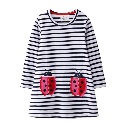 Toddler Kids Girls Print Couple Ladybugs Flowers Hearts Stripes Long Sleeves Cotton Dress