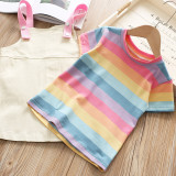 Kid Girl Rainbow T-shirt and White Denim Dress Two Pieces Sets