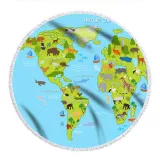 Print World Animals Map Round Tassels Cotton Beach Towel Blanket Table Cover Wall Hanging