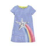 Toddler Kids Girls Eembroidery Sequins Unicorn Mermaid Rainbow Stripes Short Sleeves Dress