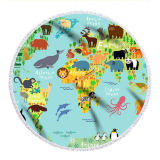 Print World Animals Map Round Tassels Cotton Beach Towel Blanket Table Cover Wall Hanging