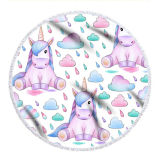 Print Unicorn Round Tassels Cotton Beach Towel Blanket Table Cover Wall Hanging