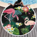 Print Flamingos Tropical Palm Leaves Round Tassels Cotton Beach Towel Blanket Table Cover Wall Hanging