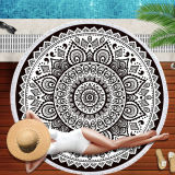 Print Mandala Lotus Black White Flower Round Tassels Cotton Beach Towel Blanket Table Cover Wall Hanging