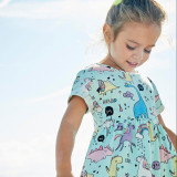 Toddler Kids Girls Print Dinosuars Unicorns Rainbow Short Sleeves Cotton Dress
