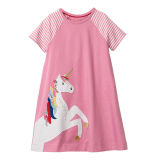 Toddler Kids Girls Print Unicorn Stripes Short Sleeves Casual Cotton Dress