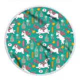 Print Unicorn Round Tassels Cotton Beach Towel Blanket Table Cover Wall Hanging
