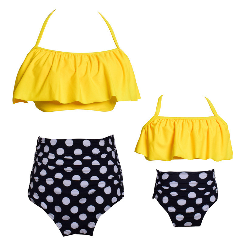 Mommy And Me Matching Swimwear Prints Yellow Banners Rufflles Bikini Swimsuit 