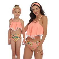 Mommy and Me Print Flowers Pompom Ruffles Bikini Sets Matching Swimwear