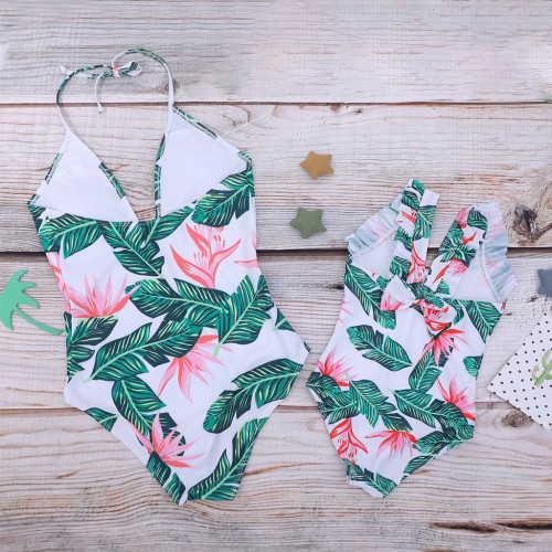 Mommy and Me Ruffles Tropical Leaves Swimsuit Matching Swimwears