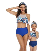 Mommy and Me Mesh Ruffles Tropical Leaves Bikini Sets Matching Swimwear