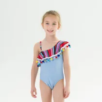 Toddle Kids Girls One Shoulder Rainbow Pompoms Stripes Swimsuit Swimwear