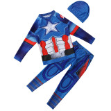 Kid Boys Underwater Diving Print Captain America Swimwear Sets Long Sleeves Top and Pant With Swim Cap