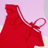 Mommy and Me Red Ruffles One Shoulder Matching Swimwear