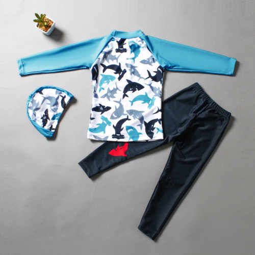 Kid Boys Underwater Diving Print Sharks Swimwear Sets Long Sleeves Top and Pant With Swim Cap