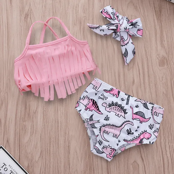 Baby Toddle Girls Tassels Bikini Prints Dinosaurs Flowers Shorts Swimwear Sets 0-2 Years