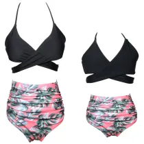 Mommy and Me Cross Over Top Tropical Leaves Bikini Sets Matching Swimwear