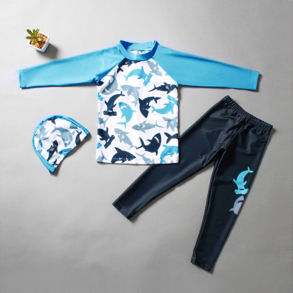 Kid Boys Underwater Diving Print Sharks Swimwear Sets Long Sleeves Top and Pant With Swim Cap