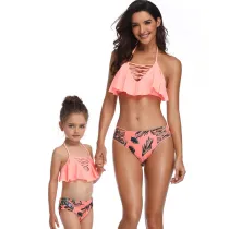 Mommy and Me Lace Up Ruffles Top Bikini Sets Matching Swimwear