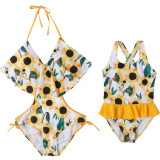 Mommy and Me Prints Yellow Sun Flowers Cup Out Matching Swimwear