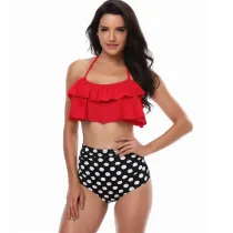 Women Swimsuit Ruffles Prints Dots High Waist Bikinis Sets Swimwear