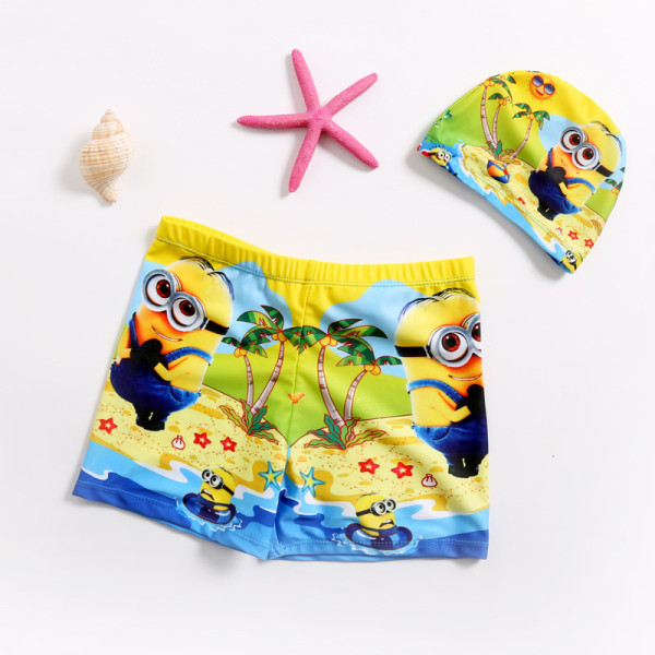 Kid Boys Print Minions Swimwear Trunks Swim Boxer Shorts With Swim Cap