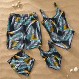 Family Matching Swimwear Prints Leaves Black Swimsuit and Truck Shorts