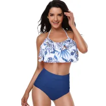 Women Swimsuit Bikinis Sets Ruffles Print Tropical Leaves Coco Swimwear