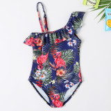 Mommy and Me Prints Flamingos Tropical Leaves One-shoulder Matching Swimwears